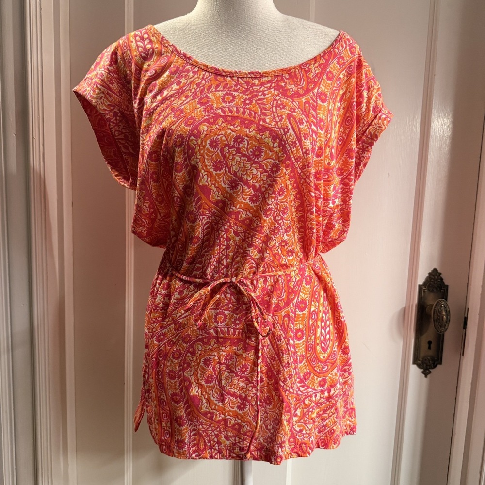 RALPH LAUREN‎ Orange Pink Cotton Paisley Knit Belted Tunic Top Sz Large